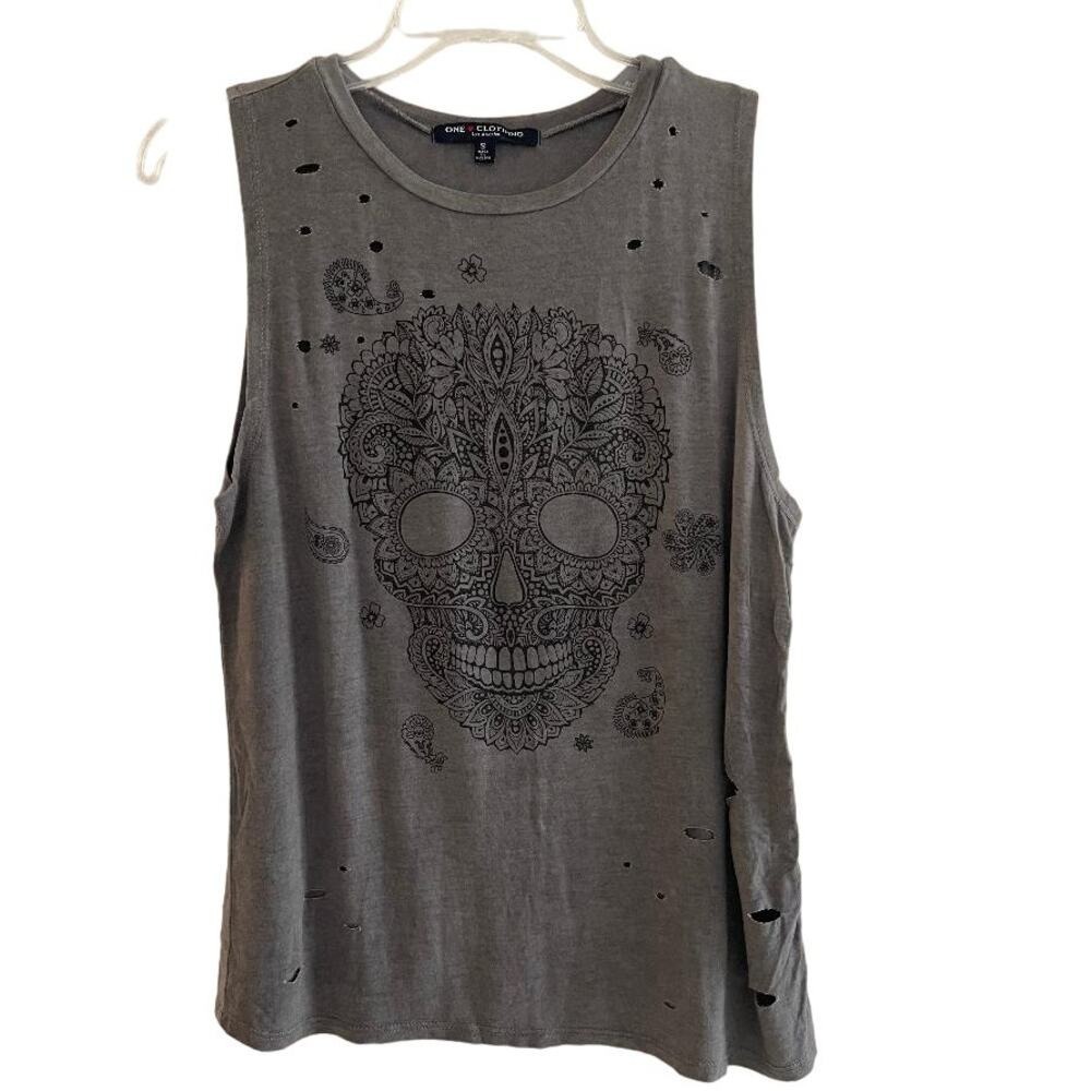 One Clothing Black‎ Gray Sugar Skull Distressed Muscle Sleeveless Tank Top Small